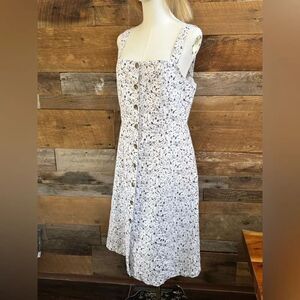 Gap White Grey Black Floral Linen Bib Front Button Down Dress w Pockets 10 Tall
